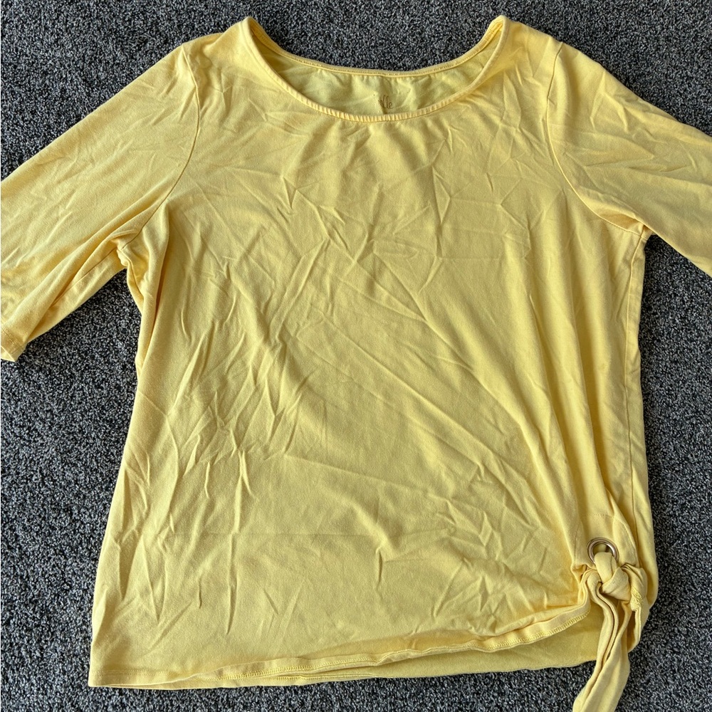 Belle by Kim Gravel Bright Yellow Side Tie Hem Tee, Size Medium - Picture 5 of 15